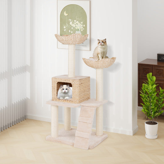 48 Inch Cattail Cat Tower with Sisal Scratching Posts Perch and Condo-Beige