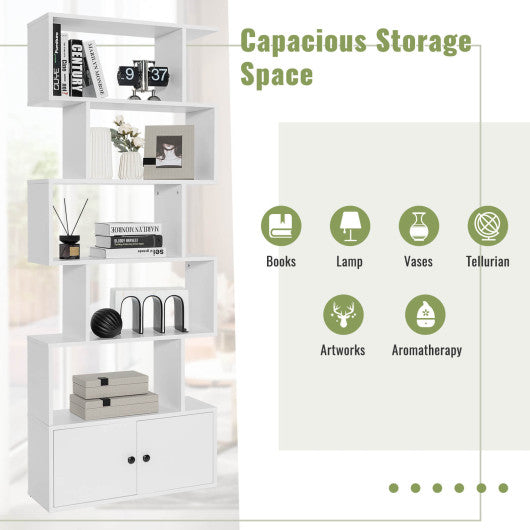 6-Tier S-Shaped Freestanding Bookshelf with Cabinet and Doors-White