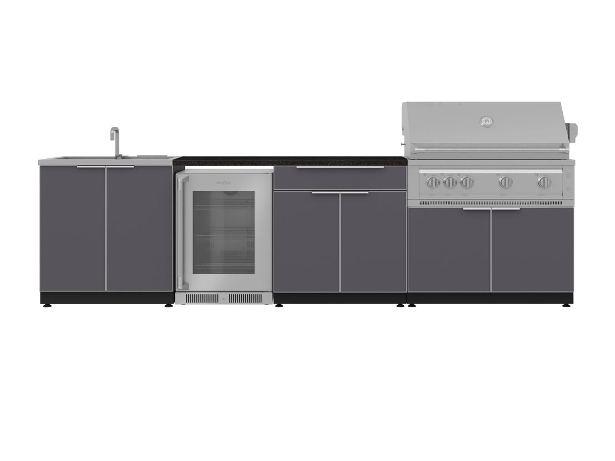 Outdoor Kitchen Aluminum 6 Piece Cabinet Set with Sink, Bar, Grill Cabinet, Platinum Grill, Countertop and Glass Door Fridge