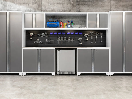 Pro Series 9 Piece Cabinet Set with Wall, Tool Drawer Cabinet, Lockers, and Stainless Steel Door Fridge