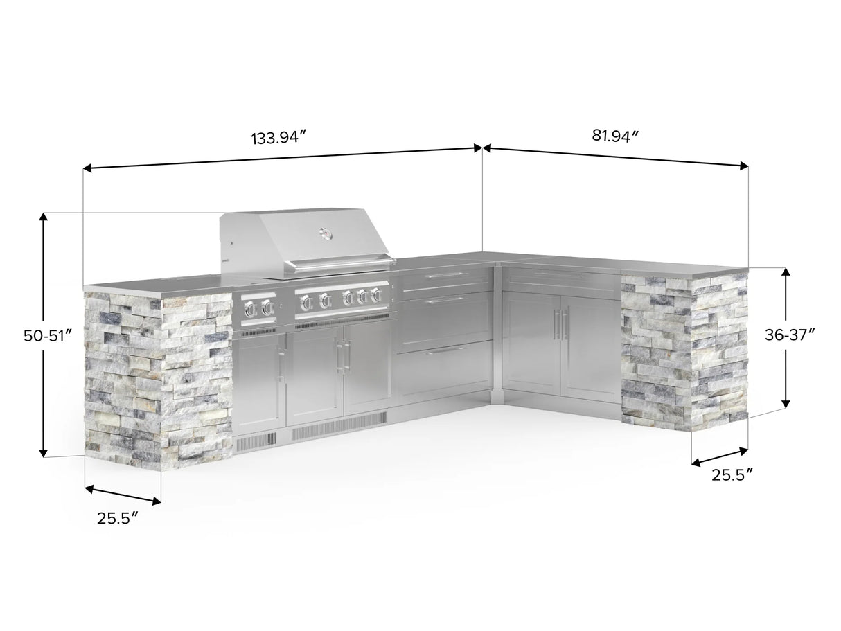 Outdoor Kitchen Signature Series 11 Piece L Shaped Cabinet Set with 3 Drawer, Bar, Dual Side Burner, Grill and Grill Cabinet