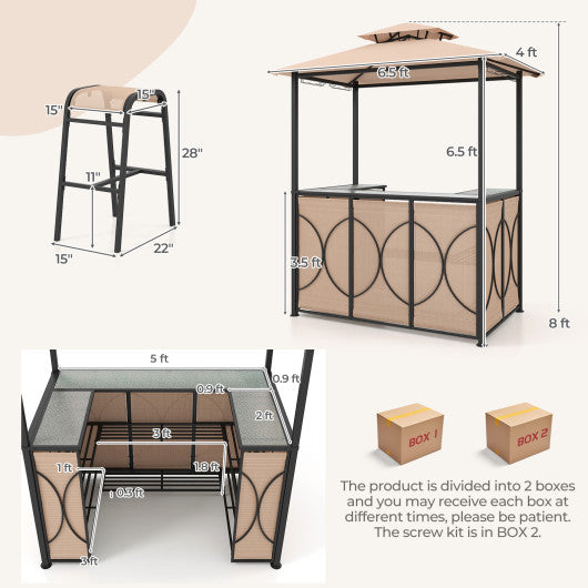 3-Piece Patio Bar Set Grill Gazebo & 2 Bar Stools with Tempered Glass Bar Table-Brown