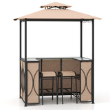 3-Piece Patio Bar Set Grill Gazebo & 2 Bar Stools with Tempered Glass Bar Table-Brown