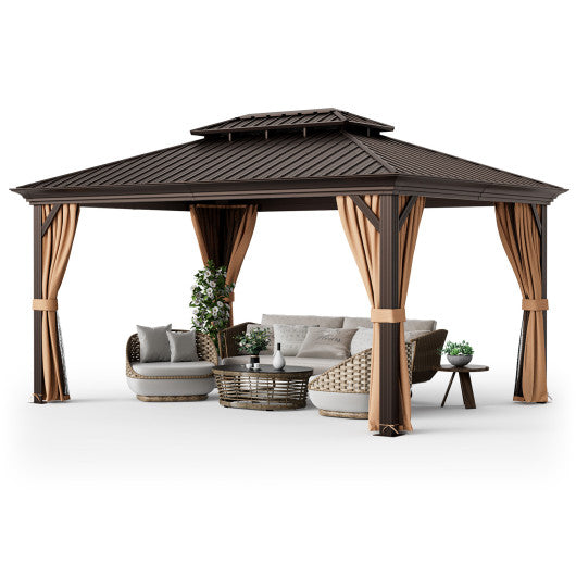 12' x 16' Double-Roof Hardtop Gazebo with Galvanized Steel Roof-Coffee