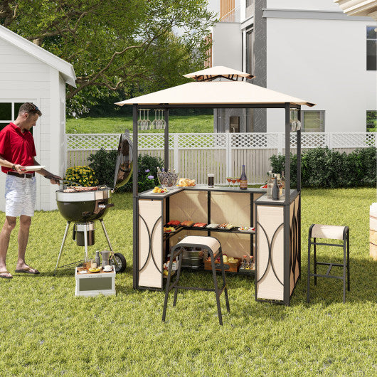 3-Piece Patio Bar Set Grill Gazebo & 2 Bar Stools with Tempered Glass Bar Table-Brown