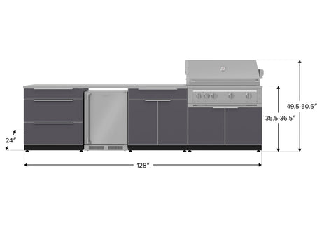 Outdoor Kitchen Aluminum 7 Piece Cabinet Set with 3-Drawer, Bar, Grill Cabinet, Platinum Grill, Countertops and Stainless Steel Door Fridge