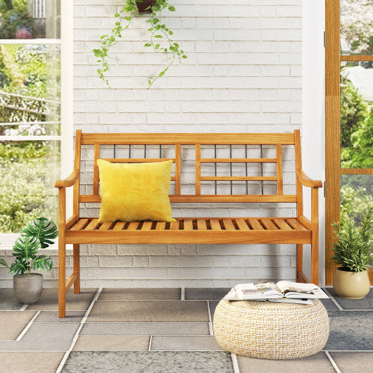 Patio Acacia Wood Bench with Curved Armrests Slatted Seat and Backrest