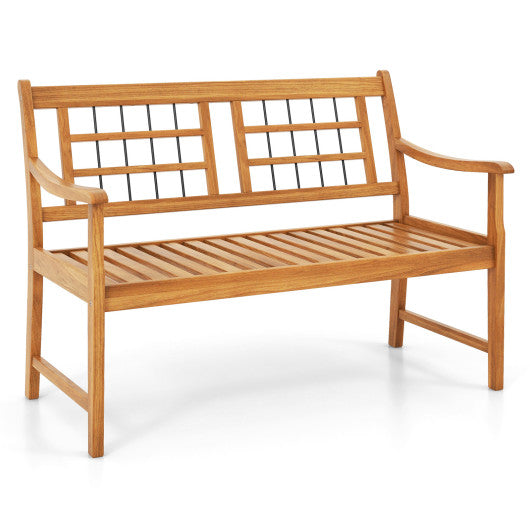 Patio Acacia Wood Bench with Curved Armrests Slatted Seat and Backrest