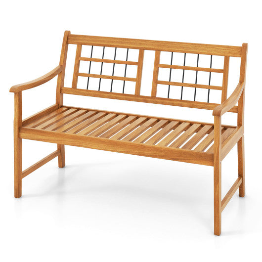 Patio Acacia Wood Bench with Curved Armrests Slatted Seat and Backrest