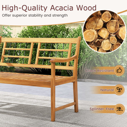 Patio Acacia Wood Bench with Curved Armrests Slatted Seat and Backrest