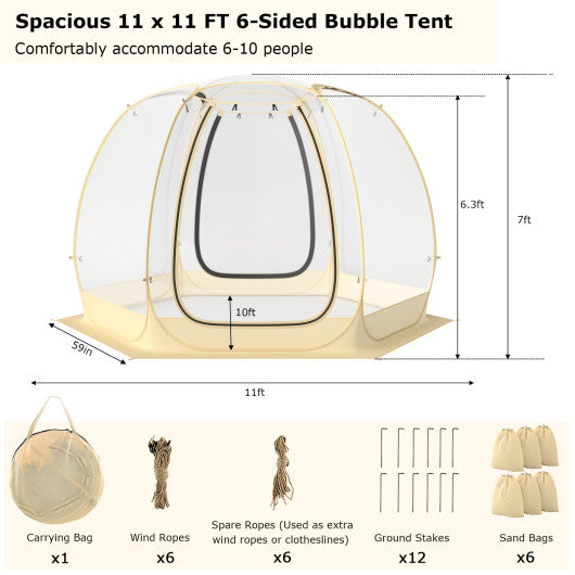11 x 11 Feet Clear Dome Pop up Bubble Tent with Carrying Bag for 6-10 People-Beige