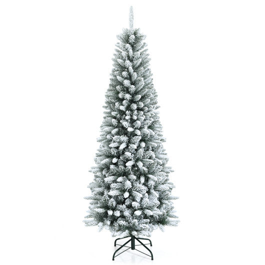 Snow-Flocked Hinged Artificial Christmas Pencil Tree with Mixed Tips-6.5 ft