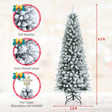 Snow-Flocked Hinged Artificial Christmas Pencil Tree with Mixed Tips-6.5 ft