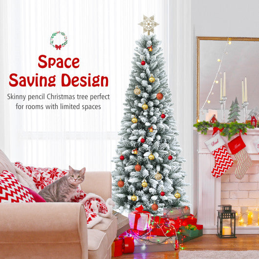 Snow-Flocked Hinged Artificial Christmas Pencil Tree with Mixed Tips-6.5 ft