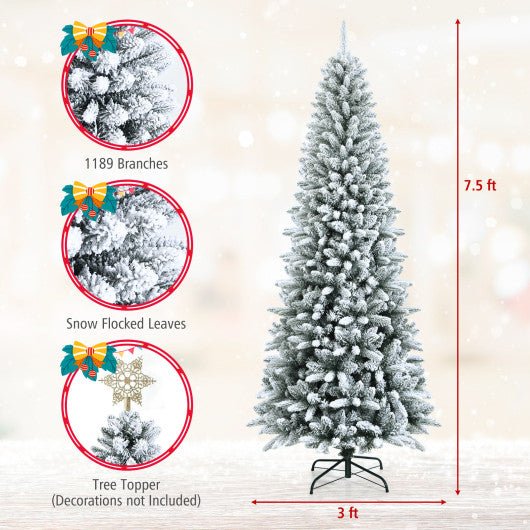 Snow-Flocked Hinged Artificial Christmas Pencil Tree with Mixed Tips-7.5 ft