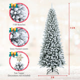 Snow-Flocked Hinged Artificial Christmas Pencil Tree with Mixed Tips-7.5 ft