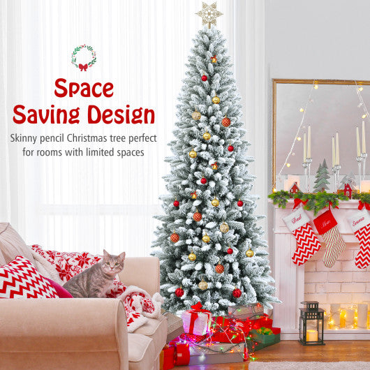 Snow-Flocked Hinged Artificial Christmas Pencil Tree with Mixed Tips-7.5 ft