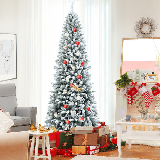Snow-Flocked Hinged Artificial Christmas Pencil Tree with Mixed Tips-7.5 ft