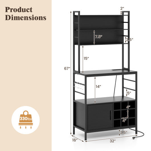Coffee Bar Cabinet with S-Shaped Hooks and Wine Bottle Holders-Black