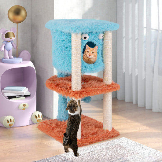 Cute Monster-Themed Cat Tower with Private Condo and Soft Long Plush-Blue