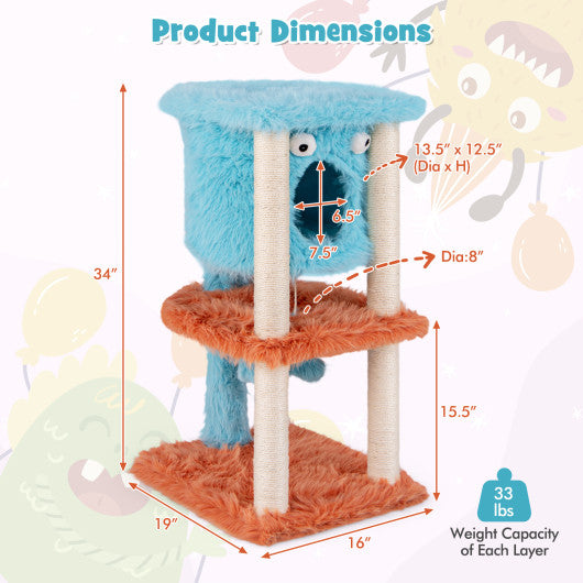 Cute Monster-Themed Cat Tower with Private Condo and Soft Long Plush-Blue