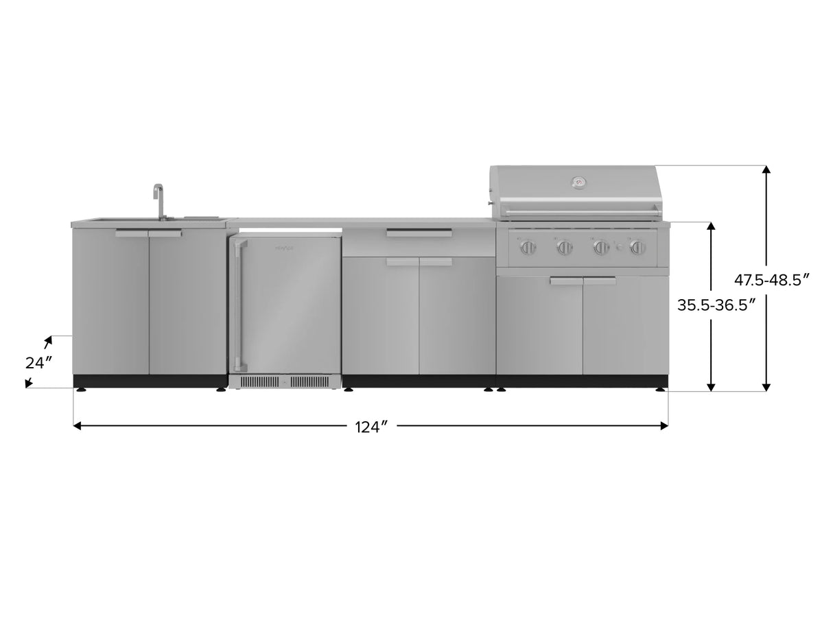 Outdoor Kitchen Stainless Steel 6 Piece Cabinet Set with Sink, Bar, Grill Cabinet, Performance Grill, Countertop and Stainless Steel Door Fridge