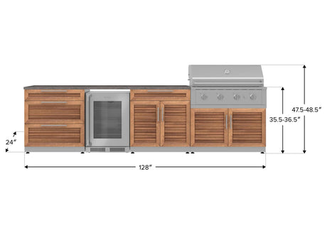 Outdoor Kitchen Stainless Steel 7 Piece Cabinet Set with 3-Drawer, Bar, Grill Cabinet, Performance Grill, Countertops, and Glass Door Fridge