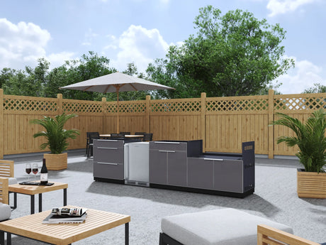 Outdoor Kitchen Aluminum 4 Piece Cabinet Set with 3-Drawer, Bar, Grill Cabinet and Fridge