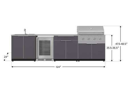 Outdoor Kitchen Aluminum 6 Piece Cabinet Set with Sink, Bar, Grill Cabinet, Performance Grill, Countertop and Glass Door Fridge