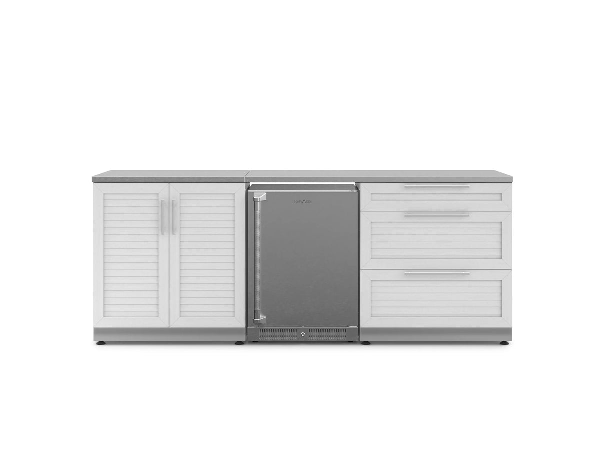 Outdoor Kitchen Stainless Steel 5 Piece Cabinet Set with 3-Drawer, 2-Door Cabinet, Countertops and Fridge