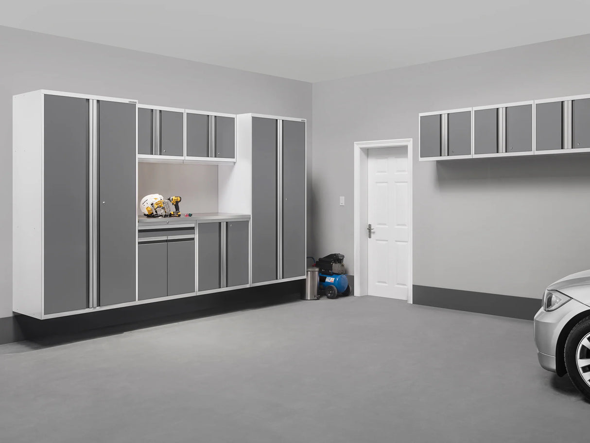 Pro Series 7 Piece Cabinet Set with Base, Wall, Tool Drawer Cabinet, Lockers and 56 In. Worktop