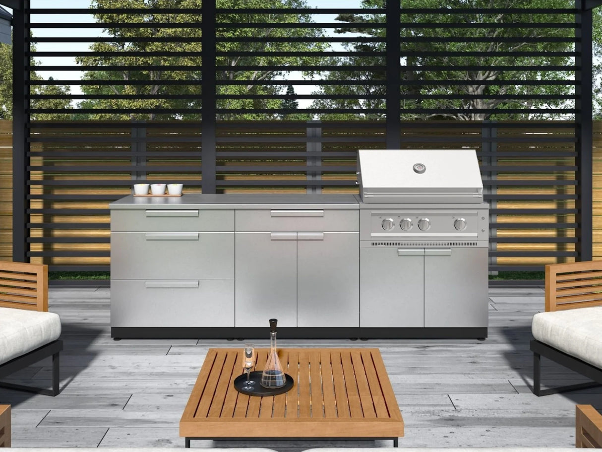 Outdoor Kitchen Stainless Steel 6-Piece Cabinet Set with Platinum Grill, Dual Side Burner, Bar and Grill Cabinet and Stainless Steel Countertop