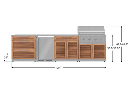 Outdoor Kitchen Stainless Steel 7 Piece Cabinet Set with 3-Drawer, Bar, Grill Cabinet, Performance Grill, Countertop, and Stainless Steel Door Fridge