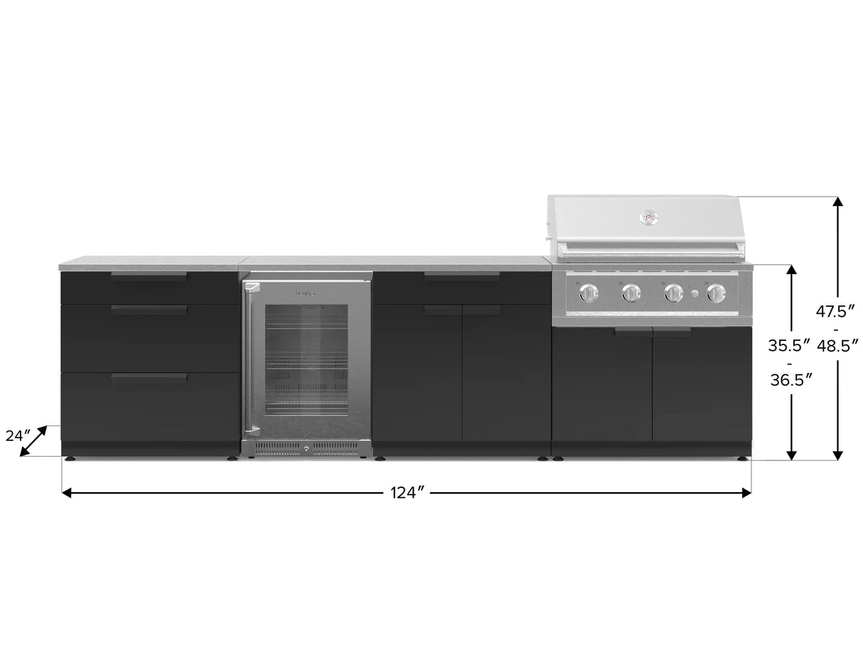 Outdoor Kitchen Stainless Steel 7 Piece Cabinet Set with 3-Drawer, Bar, Grill Cabinet, Performance Grill, Countertops, and Glass Door Fridge