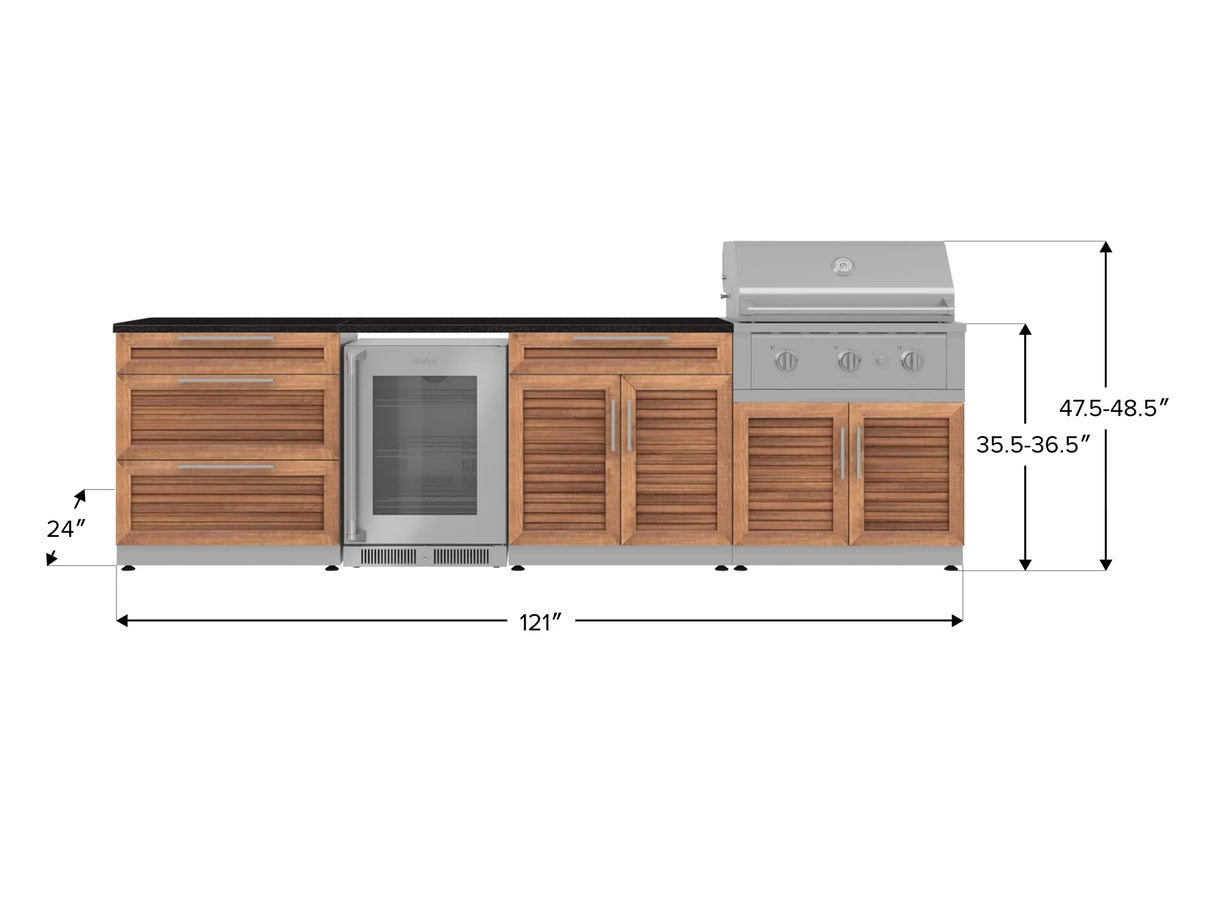 Outdoor Kitchen Stainless Steel 7 Piece Cabinet Set with 3-Drawer, Bar, Grill Cabinet, Performance Grill, Countertops, and Glass Door Fridge