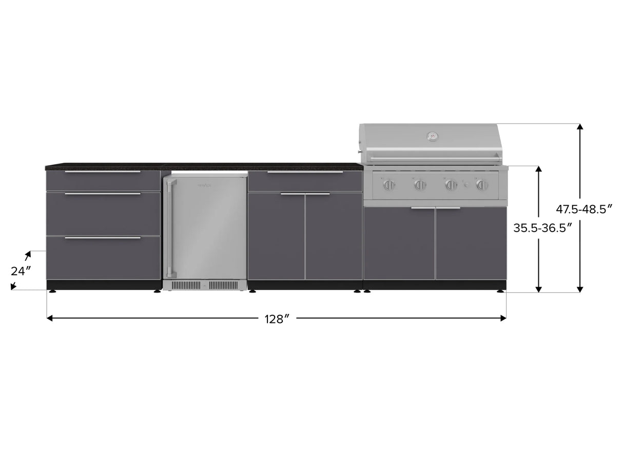 Outdoor Kitchen Aluminum 7 Piece Cabinet Set with 3-Drawer, Bar, Grill Cabinet, Performance Grill, Countertops and Stainless Steel Door Fridge