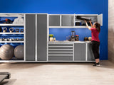 Pro Series 9 Piece Cabinet Set with Wall, Base, Tool Drawer Cabinet, 56 In. Integrated Shelf and 112 In. Worktop