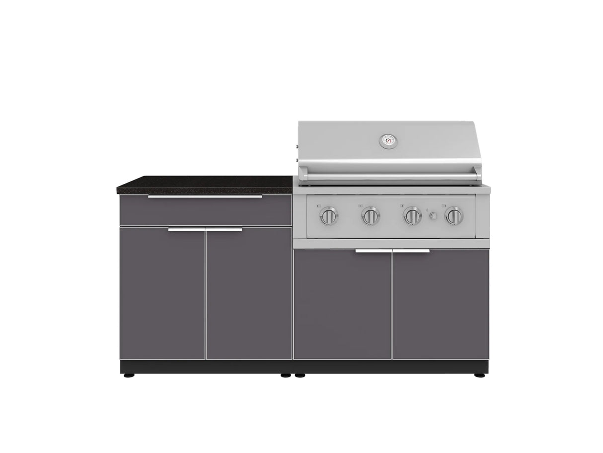 Outdoor Kitchen Aluminum 4 Piece Cabinet Set with Bar, Grill Cabinet, Performance Grill, and Countertop