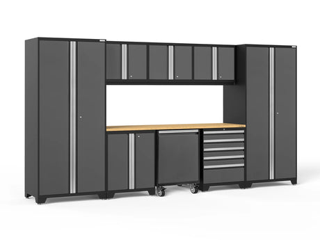 Pro Series 9 Piece Cabinet Set with Wall, Base, Tool Drawer Cabinet, Lockers, Utility Cart and 84 In. Worktop