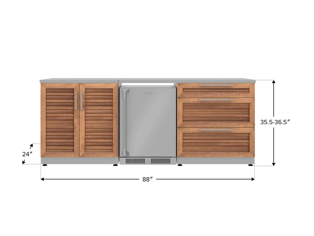 Outdoor Kitchen Stainless Steel 5 Piece Cabinet Set with 3-Drawer, 2-Door Cabinet, Countertops and Fridge