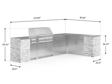 Outdoor Kitchen Signature Series 11 Piece L Shaped Cabinet Set with 3 Drawer, Bar, Dual Side Burner, Grill and Grill Cabinet