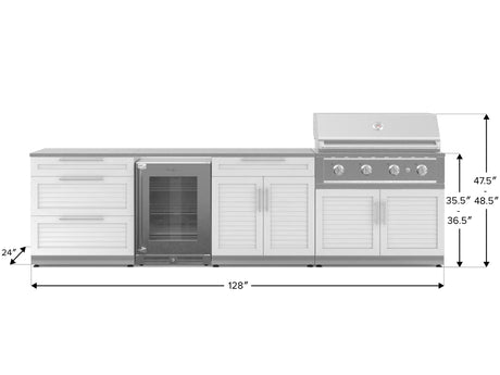 Outdoor Kitchen Stainless Steel 7 Piece Cabinet Set with 3-Drawer, Bar, Grill Cabinet, Performance Grill, Countertops, and Glass Door Fridge