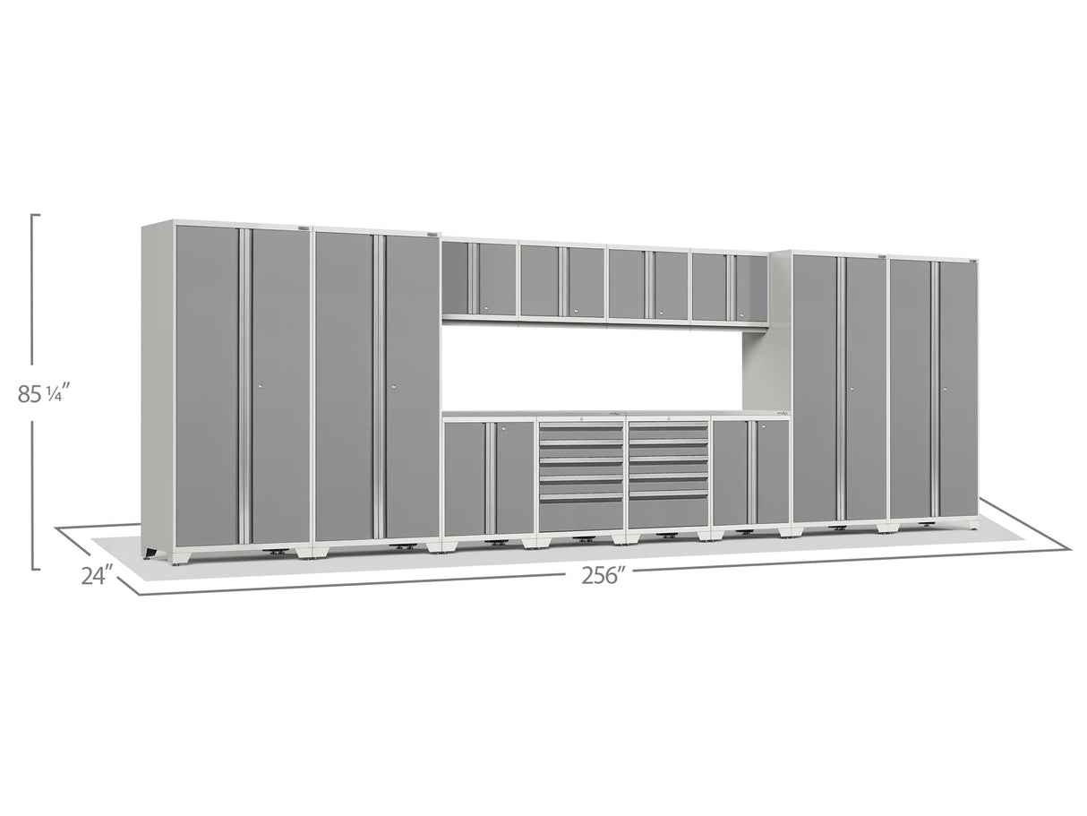 Pro Series 14 Piece Cabinet Set with Lockers, Base, Wall, Tool Drawer Cabinets and 56 In. Worktop