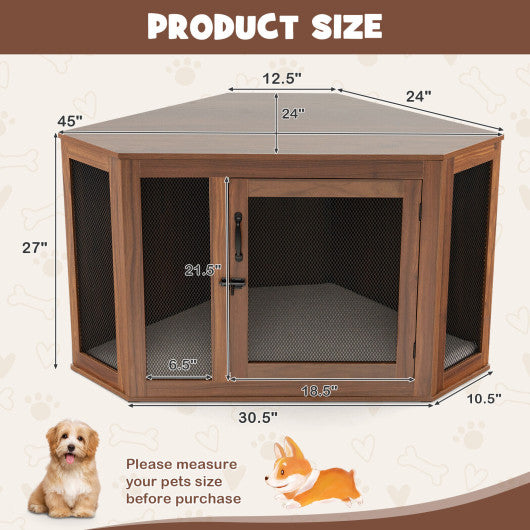 Corner Dog Kennel with Mesh Door and Cushion-Brown