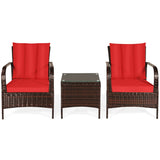 3 Pcs Patio Conversation Rattan Furniture Set with Glass Top Coffee Table and Cushions-Red