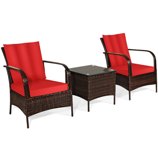 3 Pcs Patio Conversation Rattan Furniture Set with Glass Top Coffee Table and Cushions-Red