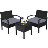 3 Pieces Outdoor Rattan Patio Conversation Set with Seat Cushions-Gray