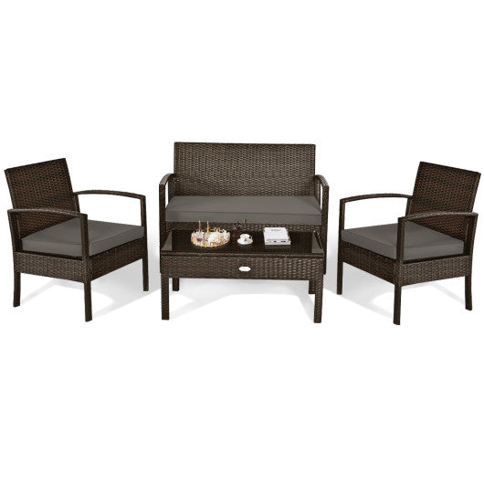 4 Pieces Patio Rattan Cushioned Furniture Set with Loveseat and Table -Brown