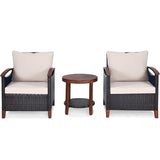 3 Pieces Patio Rattan Furniture Set with Washable Cushion and Acacia Wood Tabletop-Beige