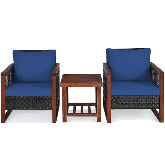 3 Pieces Patio Wicker Furniture Set with Acacia Wood Coffee Table and Washable Cushion-Navy